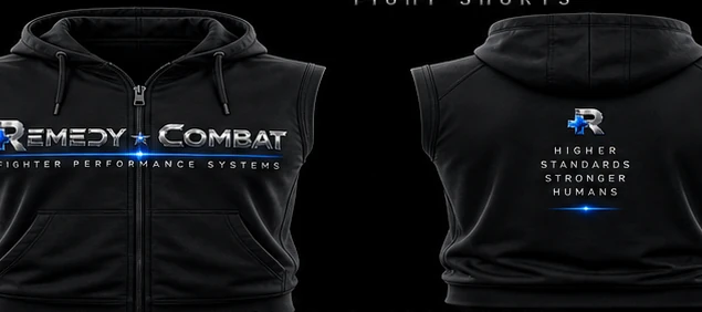 Ambassador sleeveless hoodie vest in matte black with chrome Remedy Combat wordmark on chest