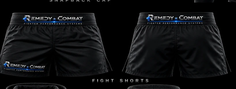 Ambassador fight shorts in matte black with chrome Remedy Combat wordmark on waistband