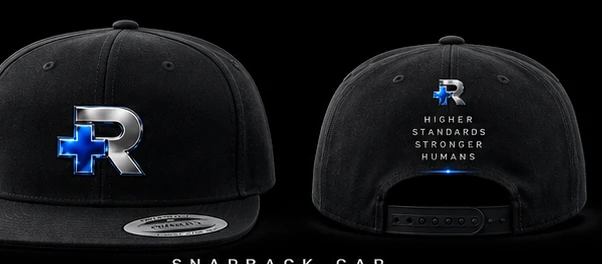 Ambassador snapback cap with embroidered plus-R emblem on front panel