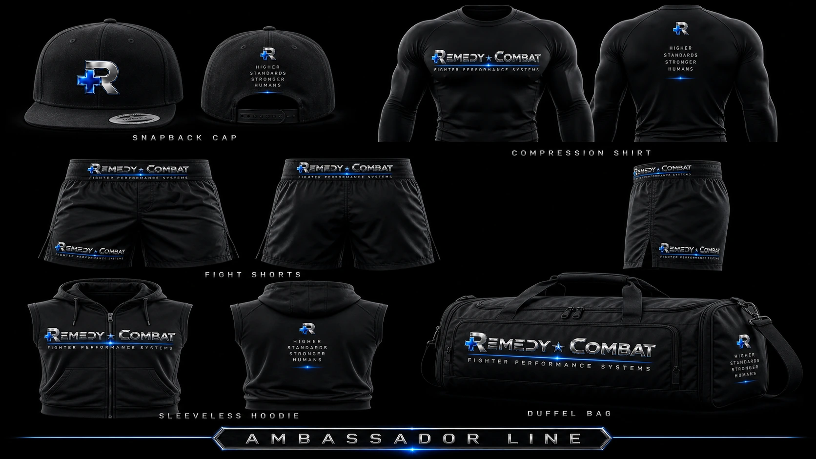 Remedy Combat Ambassador apparel line — snapback cap, compression shirt, fight shorts, sleeveless hoodie, and duffel bag all featuring the Remedy Combat wordmark