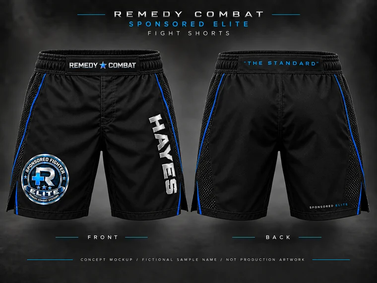 Elite fight shorts concept with the Elite leg badge, HAYES lettering, Remedy Combat waistband and The Standard on the rear waistband.