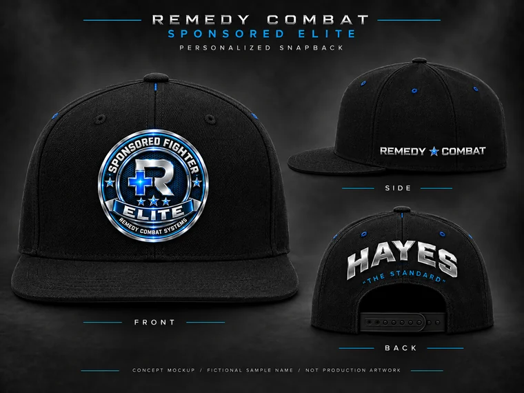 Elite snapback concept with badge on front, Remedy Combat side wordmark, and arched HAYES plus The Standard on the back.