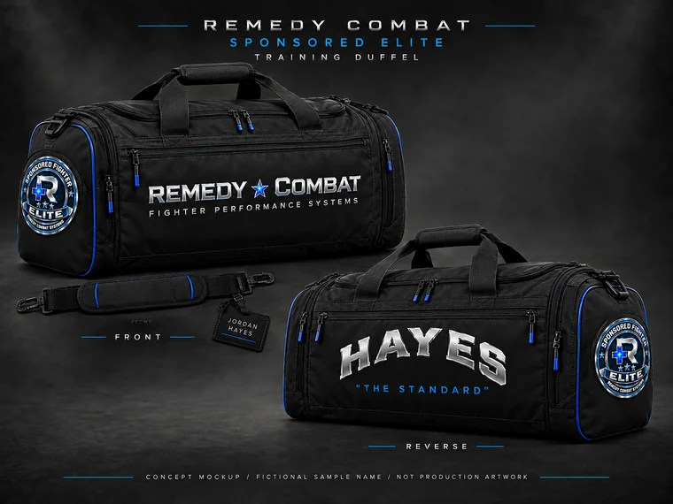 Elite training duffel concept showing Remedy Combat branding on one side, HAYES and The Standard on the reverse, and Elite end-panel badges.