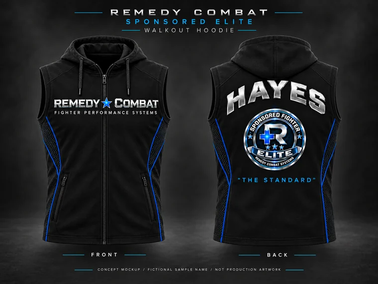 Sleeveless Elite walkout hoodie concept with centered chest wordmark, arched HAYES back lettering, Elite badge and nickname.