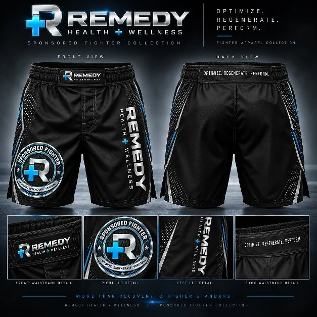 Remedy Sponsored Fighter fight shorts in matte black with chrome Remedy Combat wordmark