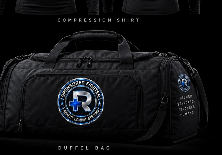Sponsored Fighter duffel bag with large Sponsored Fighter badge on front panel