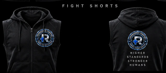 Sponsored Fighter sleeveless hoodie vest in matte black with Sponsored Fighter badge on chest