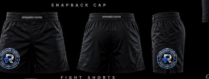 Sponsored Fighter fight shorts in matte black with embroidered Sponsored Fighter badge on right thigh