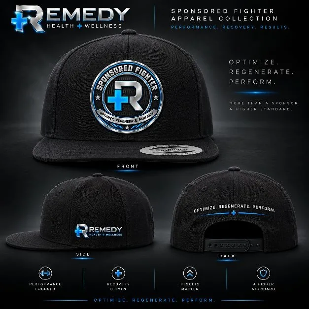 Remedy Sponsored Fighter snapback cap with embroidered Remedy Combat emblem