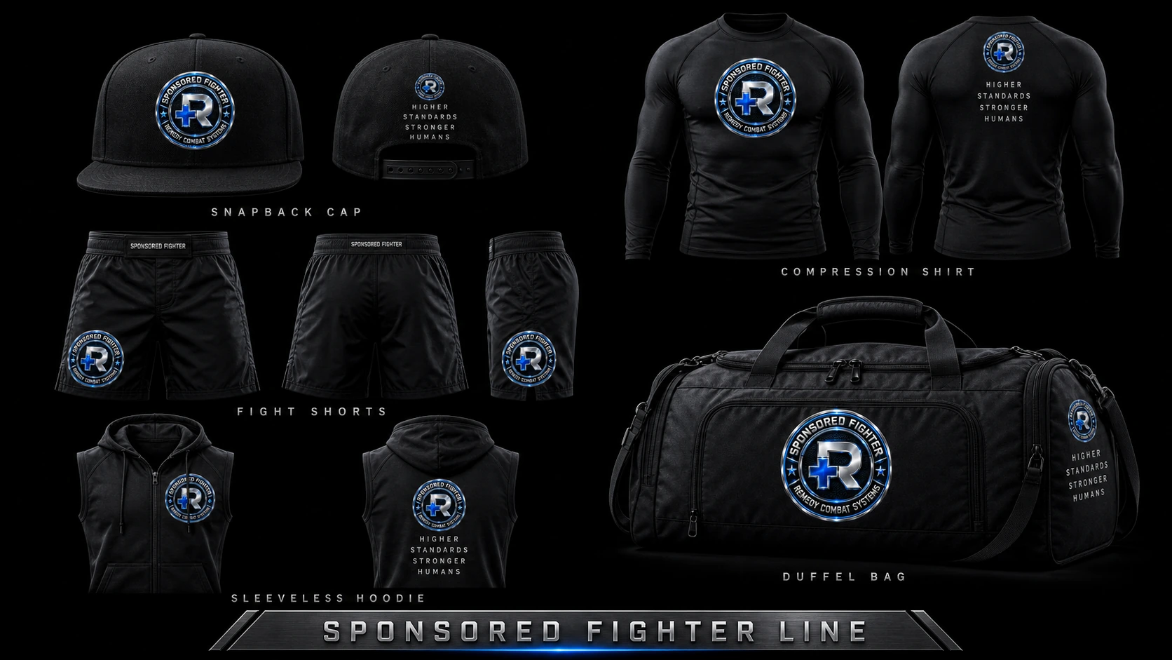 Remedy Combat Sponsored Fighter apparel line — snapback cap, compression shirt, fight shorts, sleeveless hoodie, and duffel bag all featuring the Sponsored Fighter badge