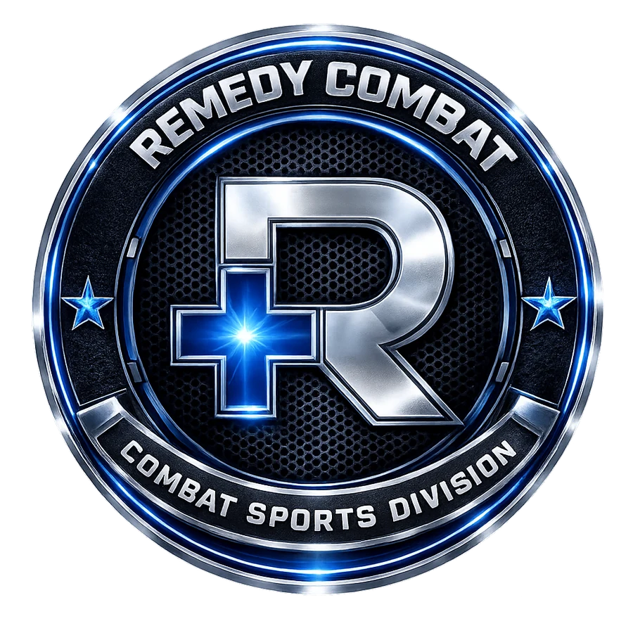 Remedy Combat chrome and electric-blue circular emblem badge with metallic R, blue medical cross and Combat Sports Division ribbon